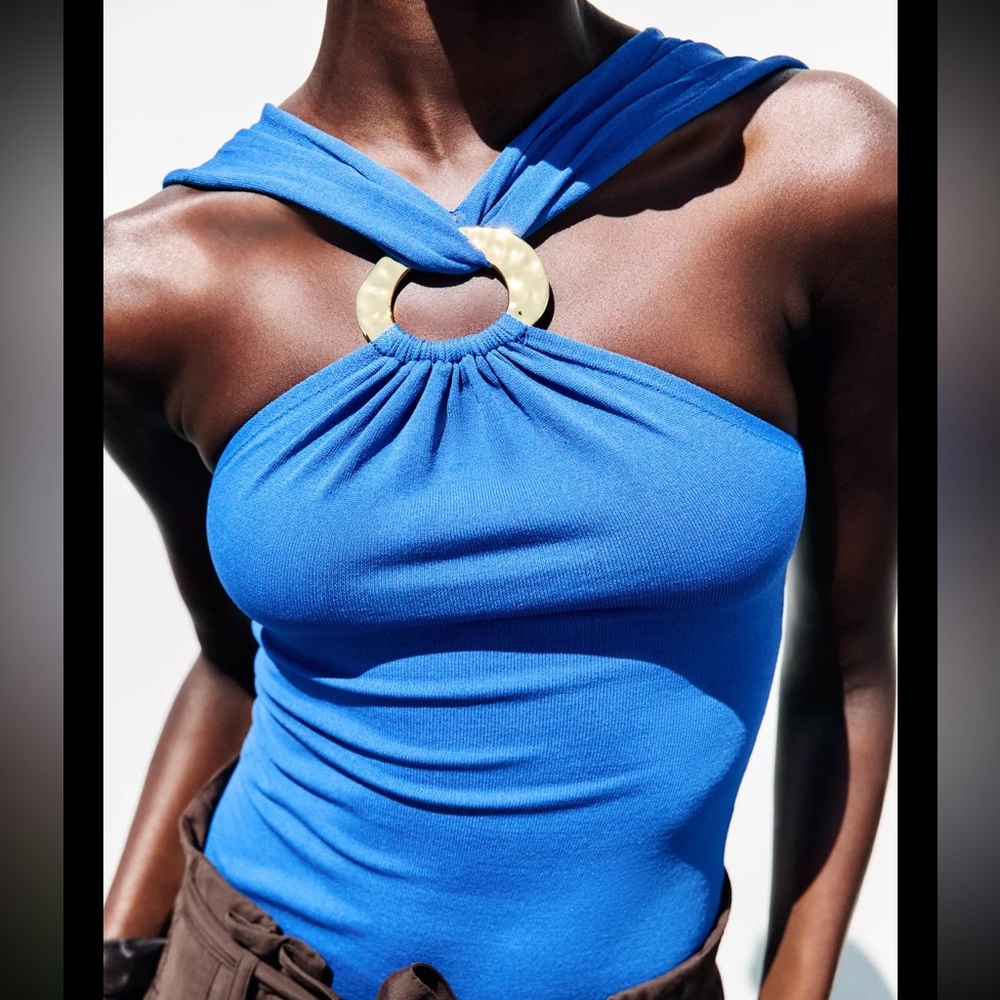 NWT Zara Blue Halter Top with Gold Accent Ring